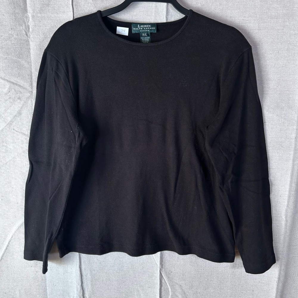 Lauren Ralph Lauren Petite Black Cotton Ribbed Long Sleeve Top P/L Logo Shirt